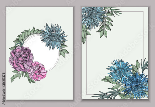 Vintage backgrounds and covers with peony, asters flowers