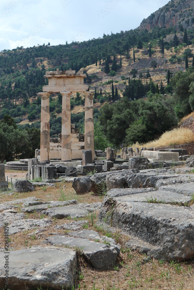 Mountain view with Athena Pronaia Temple, Delphi, Greece