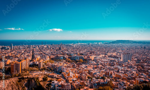 View of Barcelona, the Mediterranean sea. View of the city from the Bunker of Carmel famous viewpoint.Teal and orange look © tanaonte
