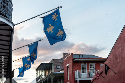 Принти на полотні New Orleans old town Bourbon street in Louisiana famous town, city, blue flags h