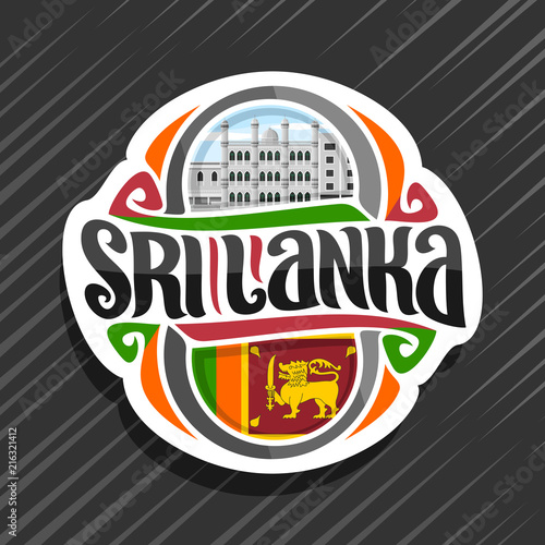 Vector logo for Sri Lanka country, fridge magnet with sri lankan state flag, original brush typeface for words sri lanka and national srilankan symbol - Dewatagaha mosque in Colombo on sky background.
