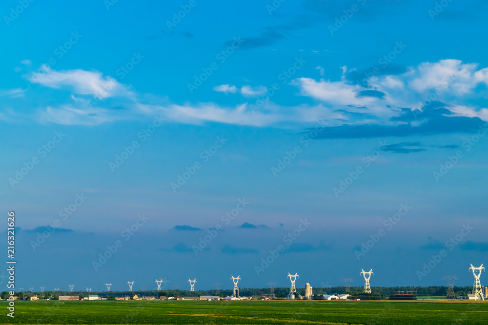 Blue hour landscape with electric pylon of a rural area