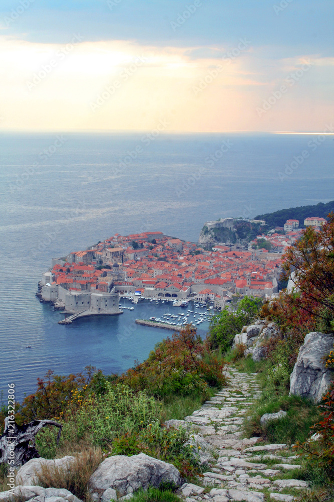Old town of Dubrovnik, Croatia, seen from above with the Adriatic sea in the background. The place is one of the major hotspots for Croatian tourism