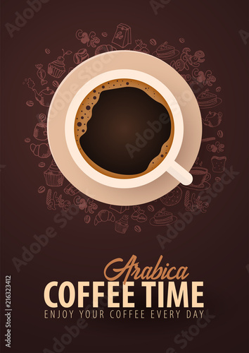 Cup of Black coffee with the hand-draw doodle elements on the background. Coffee poster for ads.