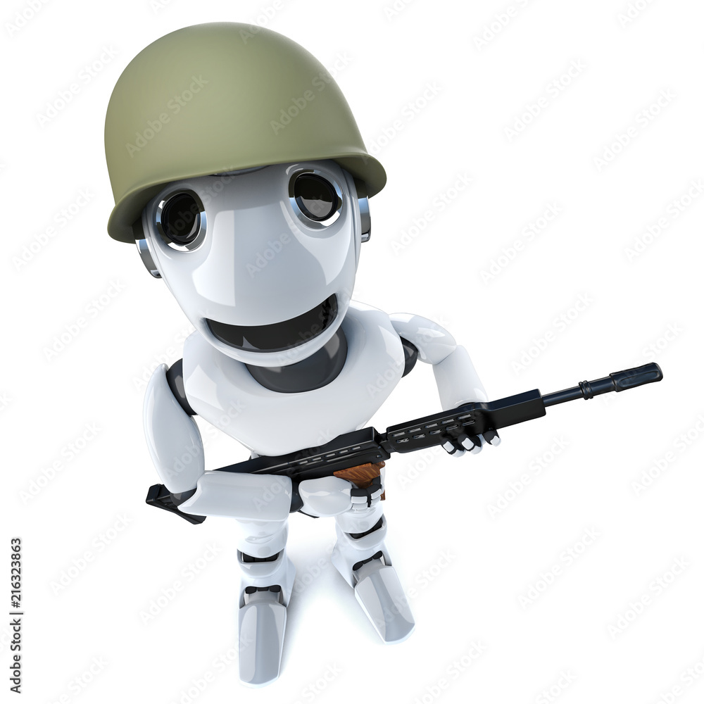 3d Funny cartoon robot character dressed as a soldier holding a gun Stock  Illustration | Adobe Stock
