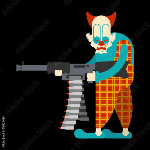 Scary clown with machine gun. Terrible eyes. nightmare Vector illustration