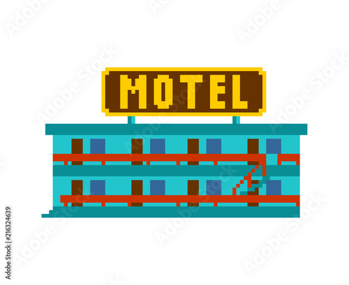Motel pixel art. Small hotel 8 bit Vector illustration.