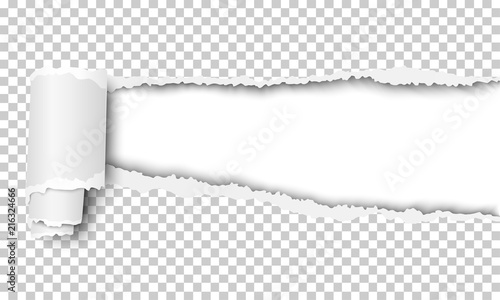 Vector ripped transparent checkered sheet of paper with soft shadow and white background in resulting window
