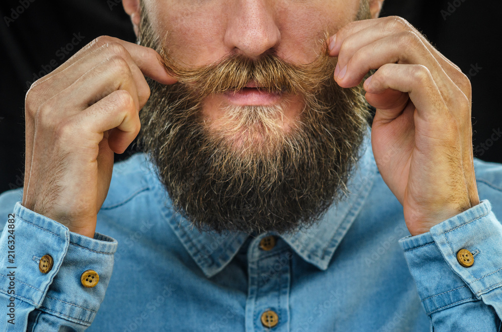 Bearded Man in a Blue Denim Shirt Twirling His Mustache with His Fingers. Portrait of a Hipster on Black Background Closeup