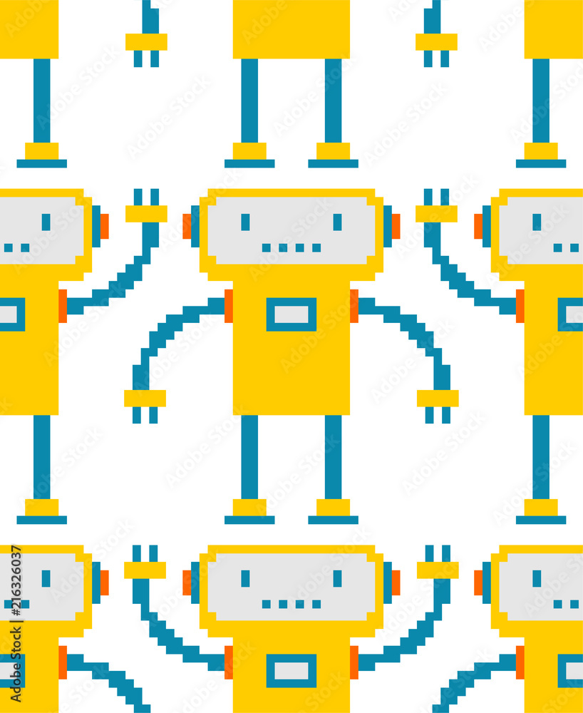 Robot pixel art pattern seamless. 8 bit cyborg background. Digital technology ornament toy Vector illustration Robot pixel art pattern seamless. 8 bit cyborg background. Digital technology ornament toy Vector illustration