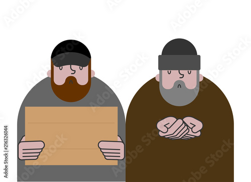 Homeless and cardboard. Beggars and blank plate, Poor. bum hobo Vector illustration
