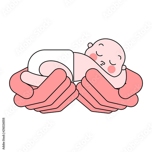 Baby in Palm up. newborn lies on palms. child Vector illustration