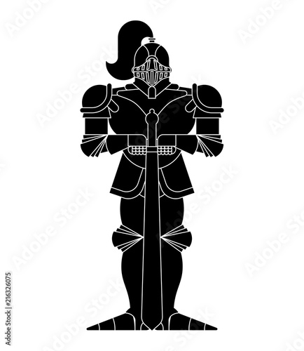 Black Knight isolated. Metal armor warrior. Iron armor. Plate and sword. Vector illustration