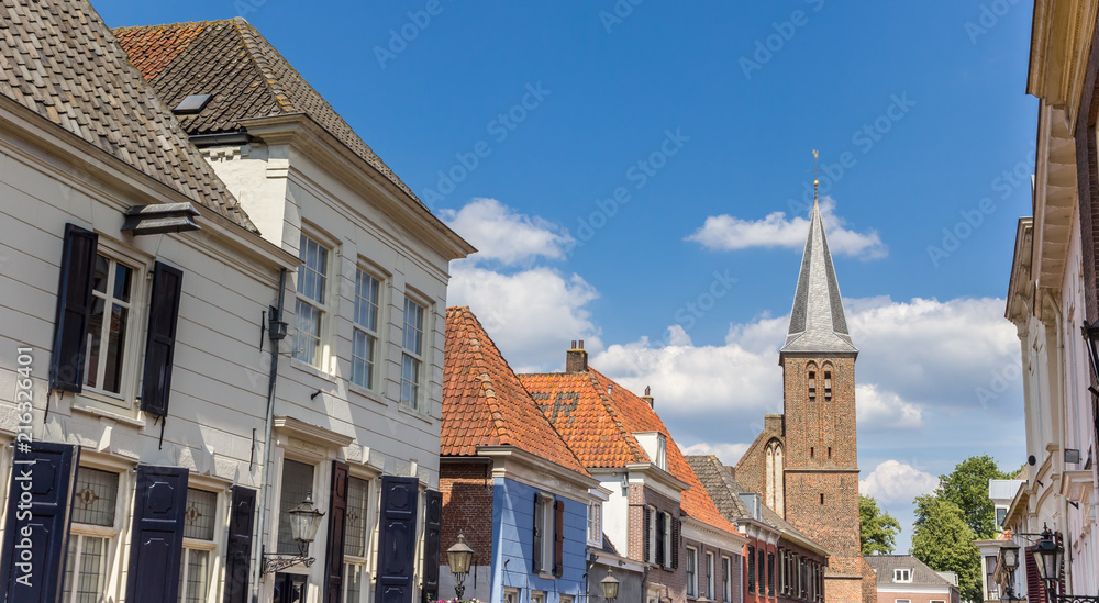 Panorama of church tower and old houses in Doesburg, Netherlands