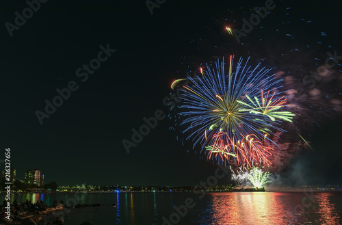 fireworks over the ocean in the big city, silhouettes of people on the beach photo