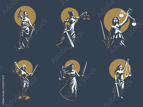 The goddess of justice Themis. Set. Vector. photo