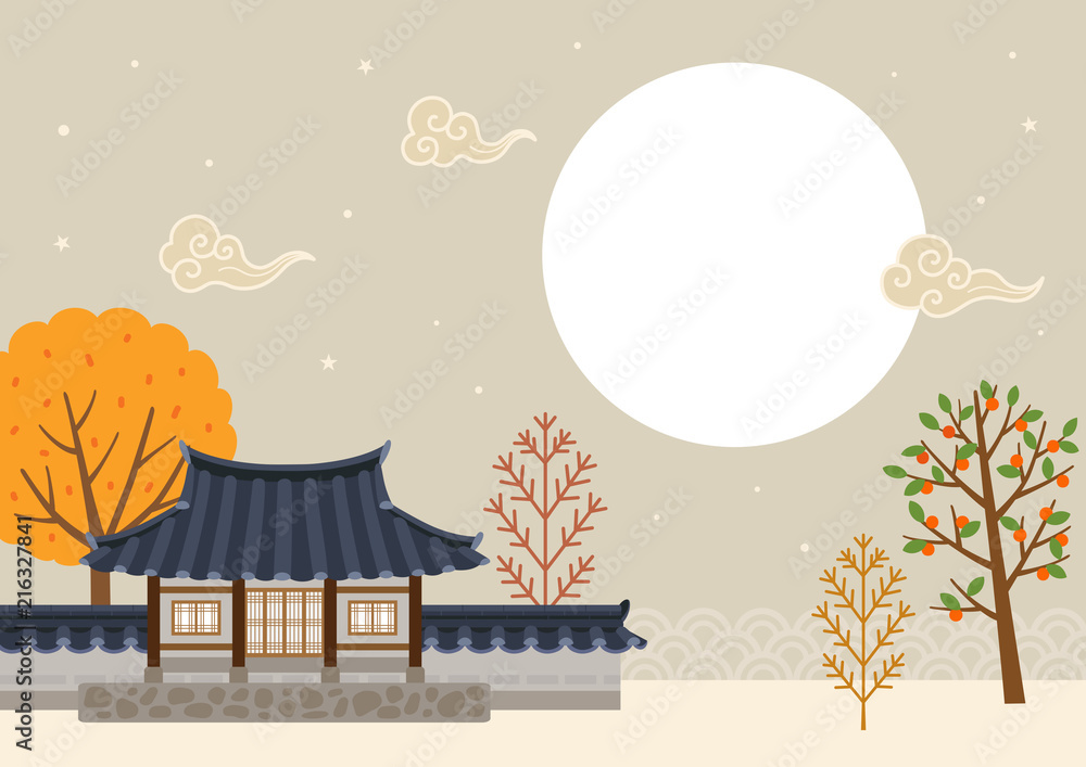 Full moon with Korean traditional house landscape.Mid autumn festival