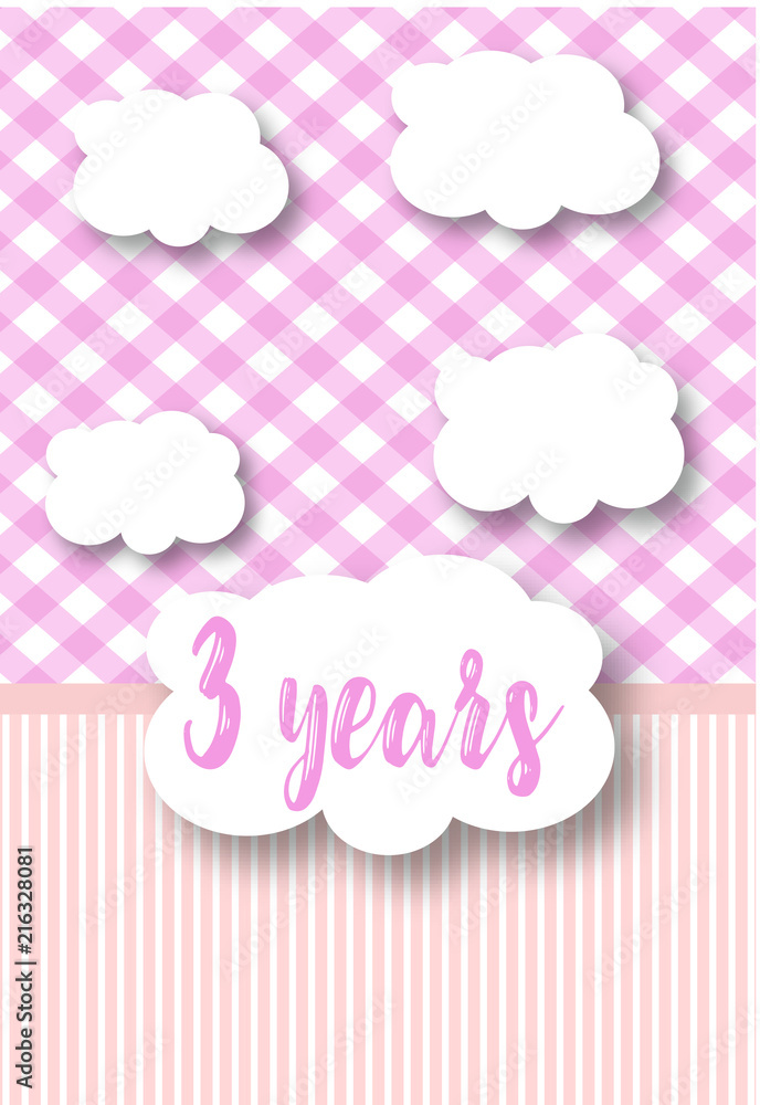 Festive card for the girl on the day of birth, 3 years. Beautiful flat bag with clouds and stripes pattern Festive card for the girl on the day of birth, 3 years. Beautiful flat bag with clouds and stripes pattern