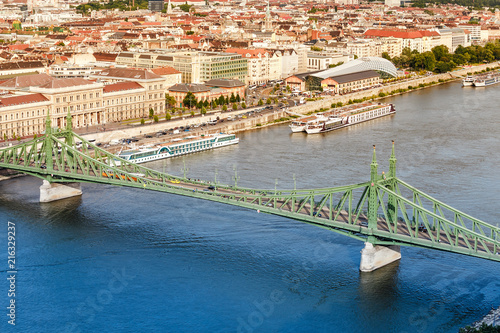 Aerial view of Danube and Liberty Bridge in Budapest
