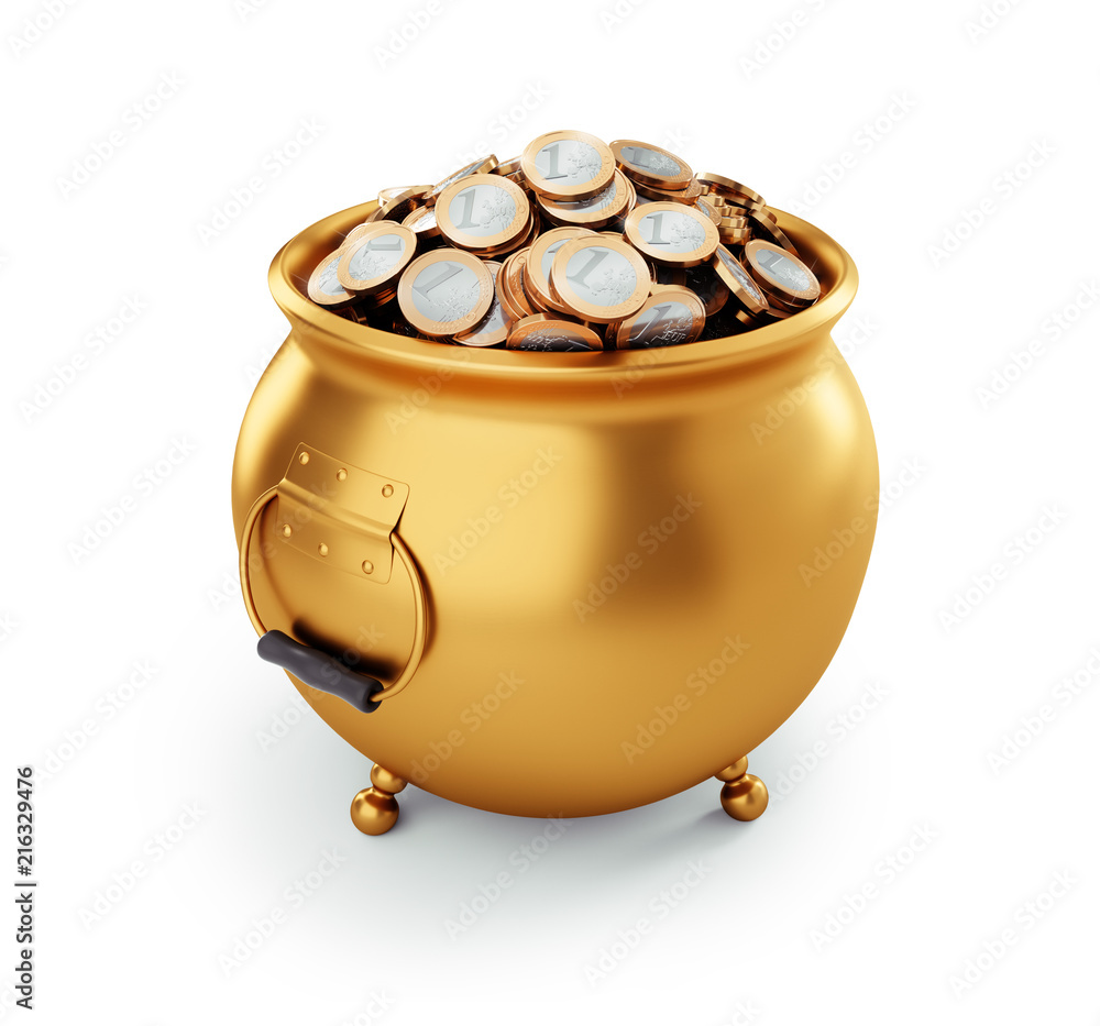 Goldener Topf mit Euro-Münzen vor Weiss Stock-Illustration | Adobe Stock