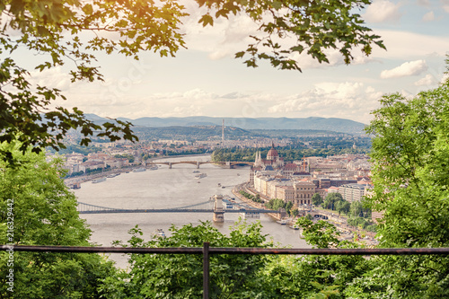 View on Budapest Parliament and Danube River from Gellert Hill at Spring