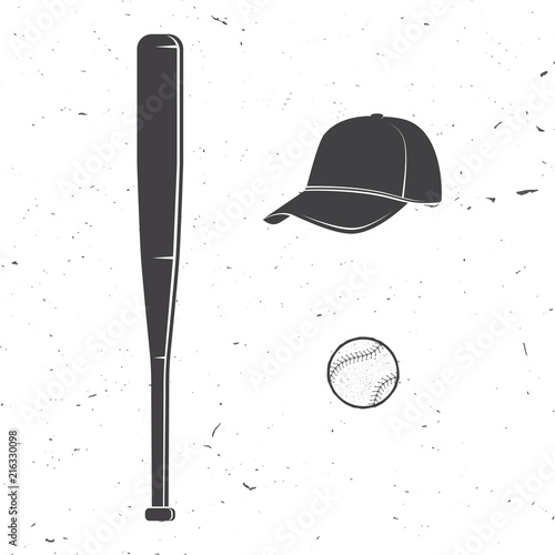 Set of baseball cap, ball, bat silhouette for emblems ,logo and labels. Vector illustration.