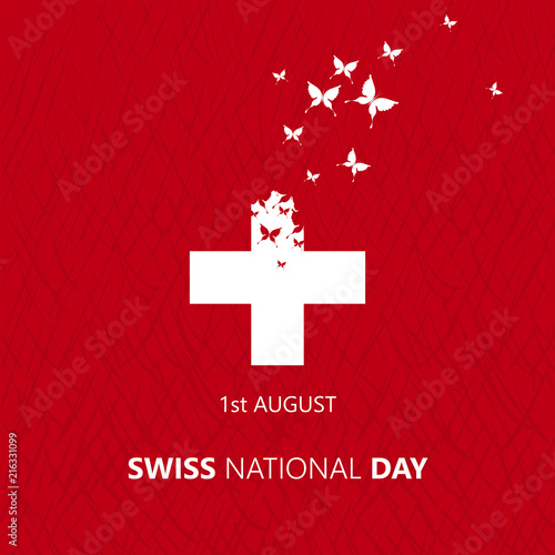 Happy Swiss National day. Vector illustration. Switzerland. Swiss flag with butterflies. Independence day. Switzerland republic day greeting card