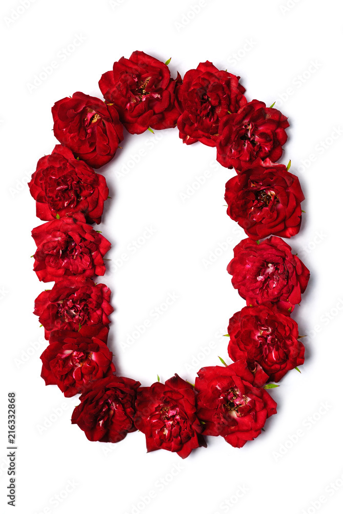 Letter O from flowers of red rose