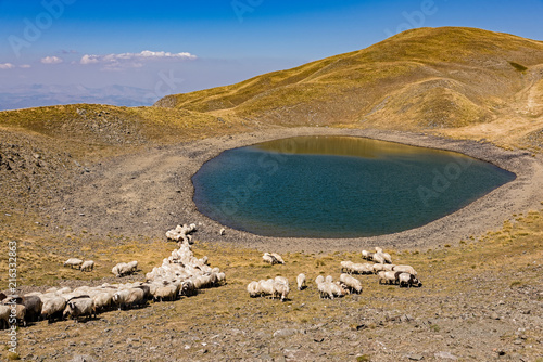 Panoramic view of Gistova lake, the highest alpine lake of Greece on Mount Gramos photo