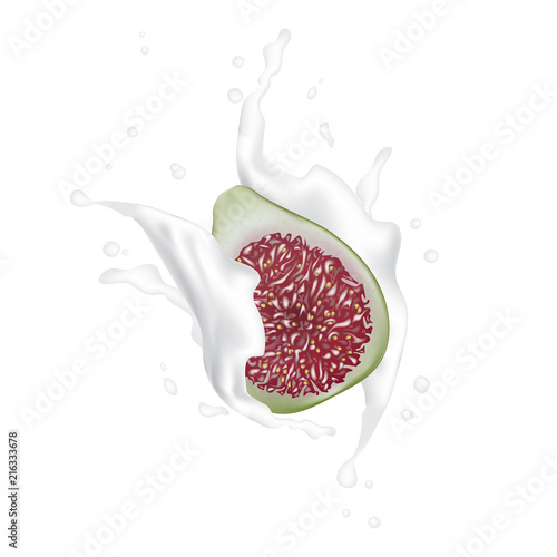Red and Green Fig. Realistic 3d Figs With Milk Splash. Detailed 3d Illustration Isolated On White. Design Element For Web Or Print Packaging. Vector