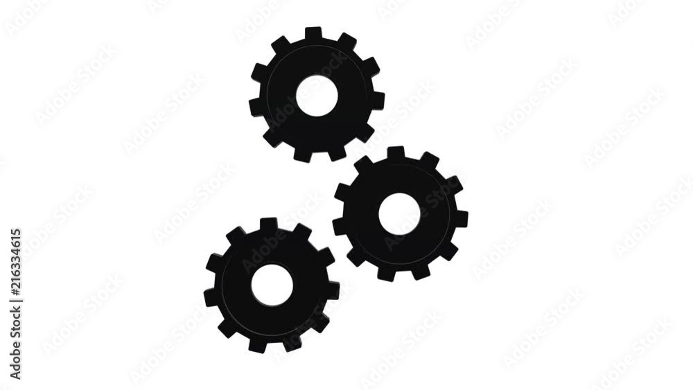 Three black gears spinning flies . White background. Alpha channel Three black gears spinning flies . White background. Alpha channel