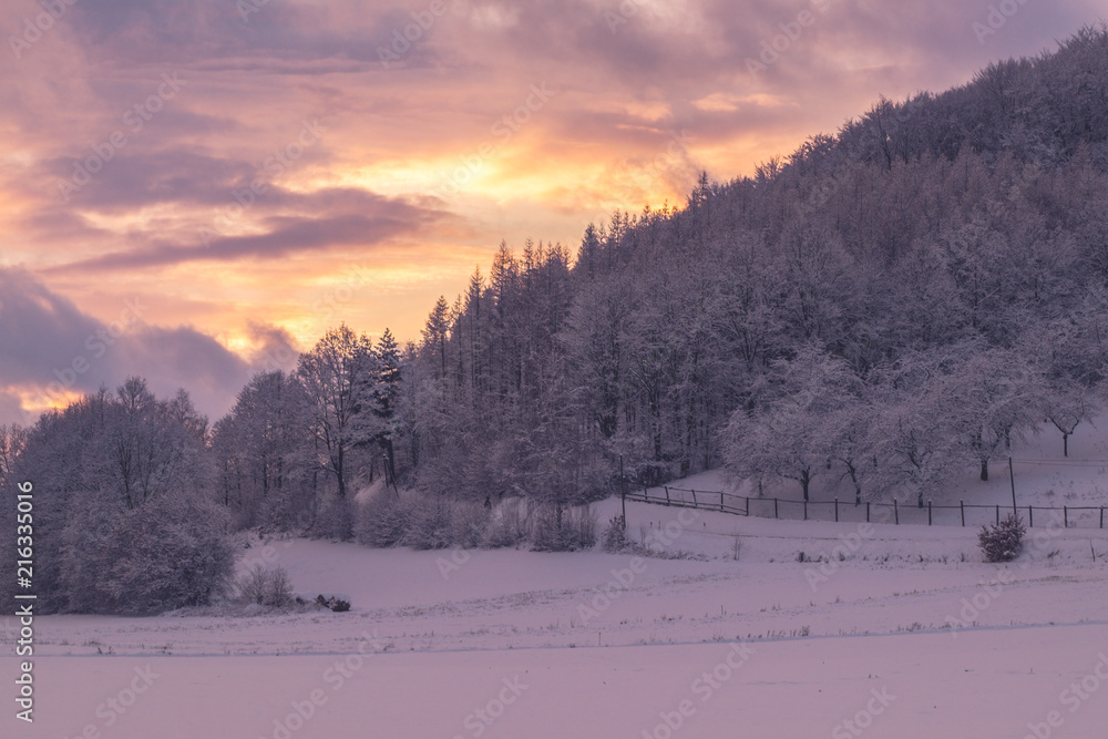 Landscape of freezing Brloh, Blansky les, South bohemian region, Czech Republic. Winter, cold and snow. Sunset.