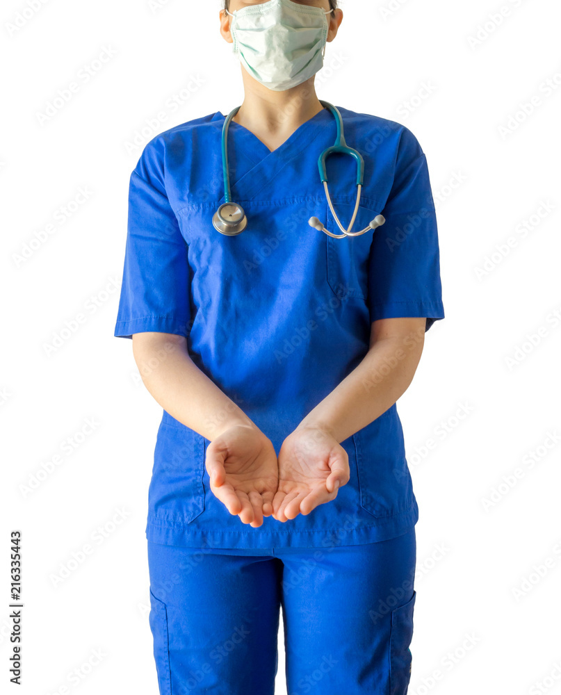 Young female doctor in blue medical showing open hands. Young female doctor in blue medical showing open hands.