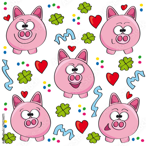 lustige Glücksschweine mit vierblättrigen Kleeblättern, Konfetti, Herzen und Luftschlangen