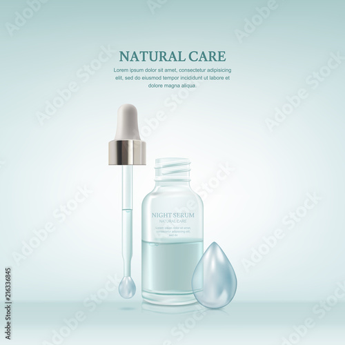 Vector realistic 3d illustration of cosmetic serum in transparent glass bottle on blue background. Skincare beauty product design. Packaging mockup template.