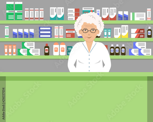 Web banner of an elderly pharmacist. Old lady in the workplace in a pharmacy: standing in front of green shelves with medicines. People icon. Vector flat illustration