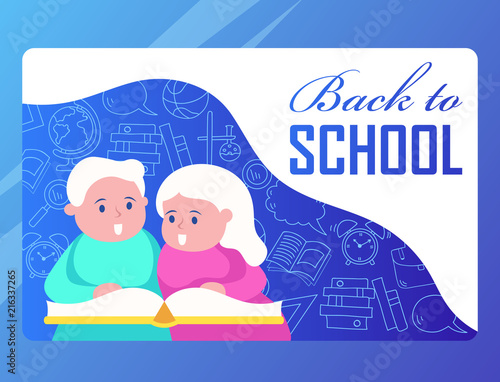 back to school. children read a book. doodle. vector cartoon banner template