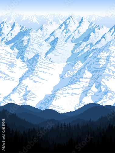 seamless vector blue beautiful mountains with forest panorama pattern