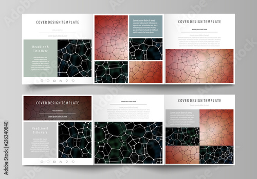 Business templates for tri fold square design brochures. Leaflet cover, vector layout. Chemistry pattern, molecular texture, polygonal molecule structure, cell. Medicine, science, microbiology concept