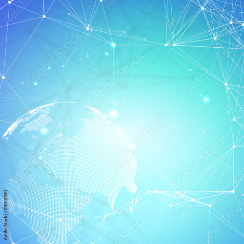 Abstract futuristic network shapes. High tech background, connecting lines and dots, polygonal linear texture. World map on blue. Global network connections, geometric design, dig data concept.