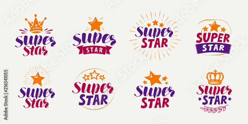 Super star, set of logos or labels. Popularity, fame symbol. Lettering vector