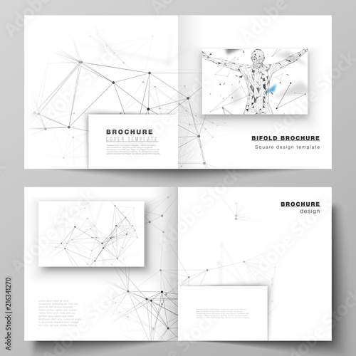 Vector layout of two covers templates for square design bifold brochure, flyer, booklet. Technology, science, medical concept. Molecule structure, connecting lines and dots. Futuristic background