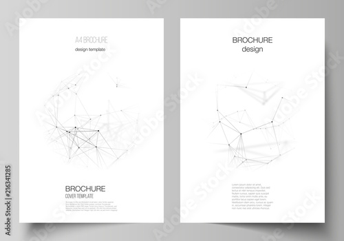 The vector layout of A4 format cover mockups design templates for brochure, flyer, report. Technology, science, medical concept. Molecule structure, connecting lines and dots. Futuristic background