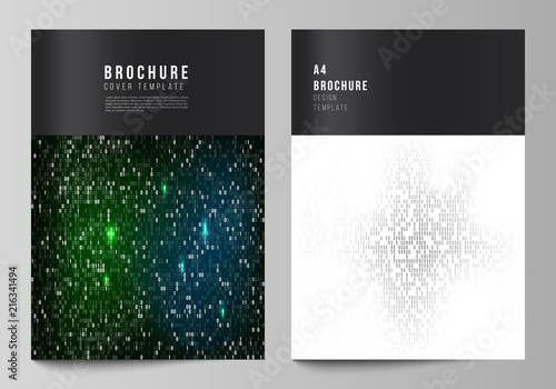 Vector layout of A4 format cover mockups design templates for brochure, magazine, flyer, booklet, report. Binary code background. AI, big data, coding or hacker concept, digital technology background