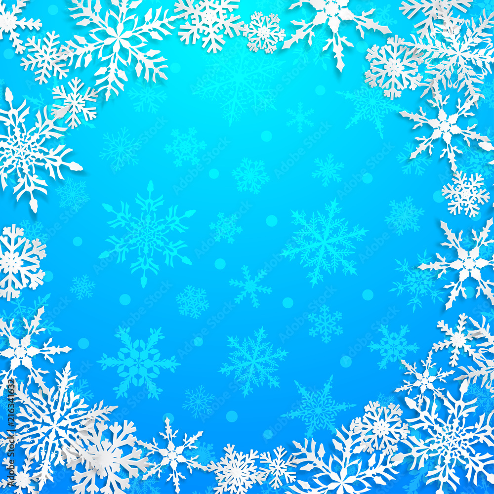 Christmas illustration with circle frame of big white snowflakes with shadows on light blue background Christmas illustration with circle frame of big white snowflakes with shadows on light blue background