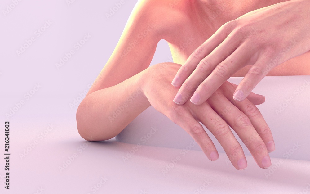 Woman applying hand cream 3d render Woman applying hand cream 3d render