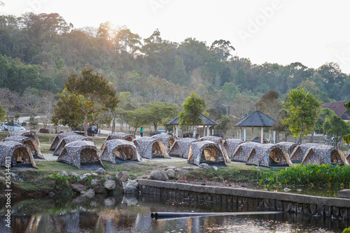 Many tents close to the stream in Lamtakong camping, Khao Yai National Park, Thailand