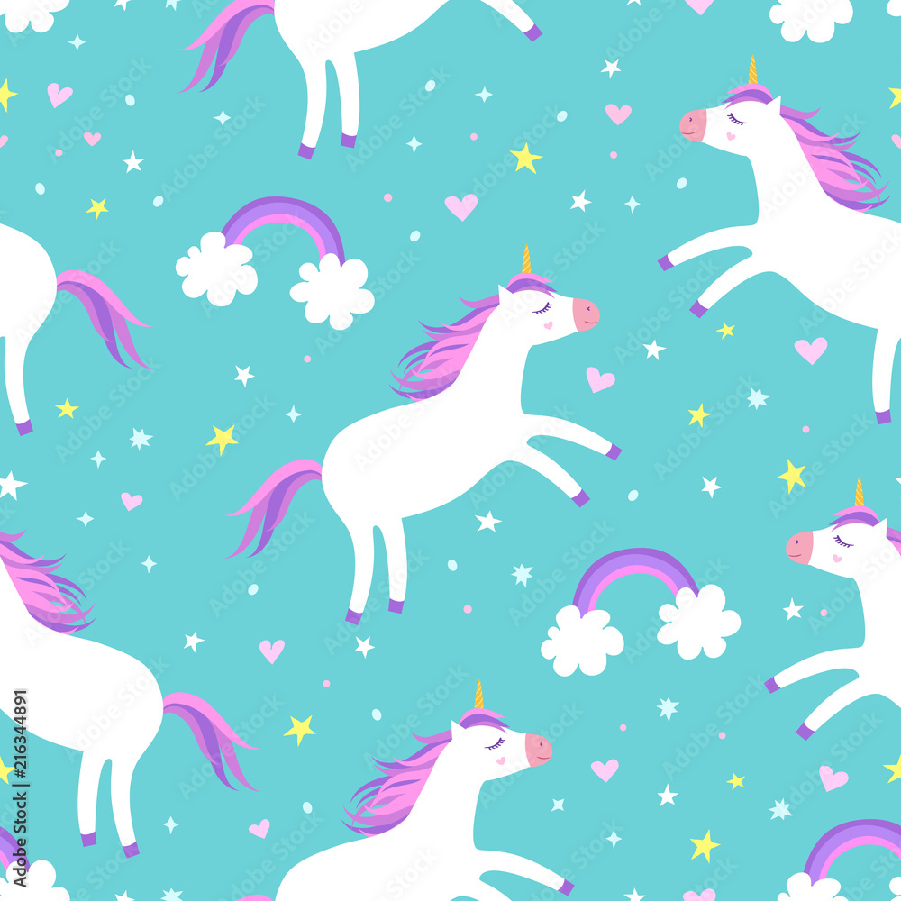 Cute cartoon colorful seamless pattern with unicorns rainbows and stars on mint green background. Perfect for kids textile, wallpaper, wrapping paper etc. Vector illustration