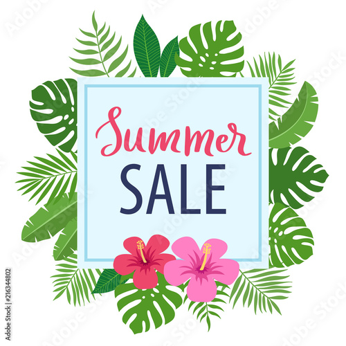 Design frame for your text with tropical exotic leaves and flowers of hibiscus. Summer sale text. Hawaiian style. Perfect template for invitation, poster, banner etc. Vector illustration