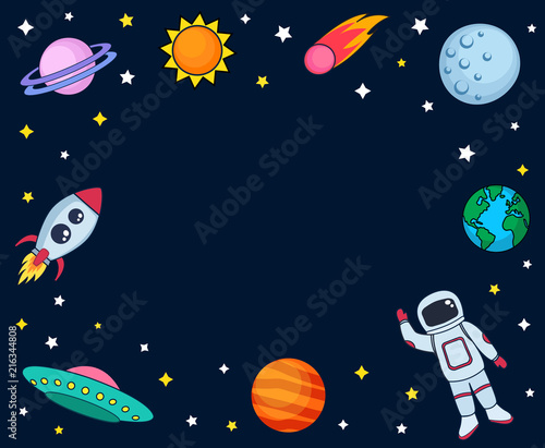 Cute colorful background template with space astronaut mars stars planets ufo rocket spaceship earth sun and comet on dark background. Vector illustration, frame for kids
